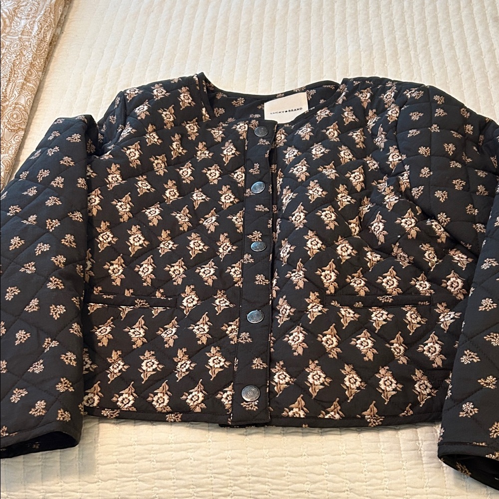 Lucky Brand Black Quilted Floral Button Jacket